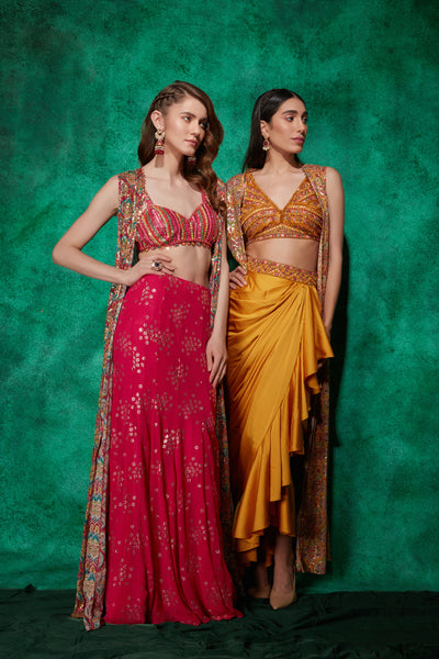 Ombre Lehenga And Crop Top In Moti Cut An Dana Embroidery, Cape Jacket In  Tassels Fringes