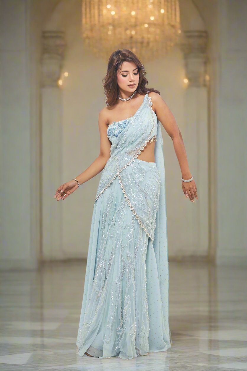 Crystal Drape Cut-Out Saree Gown