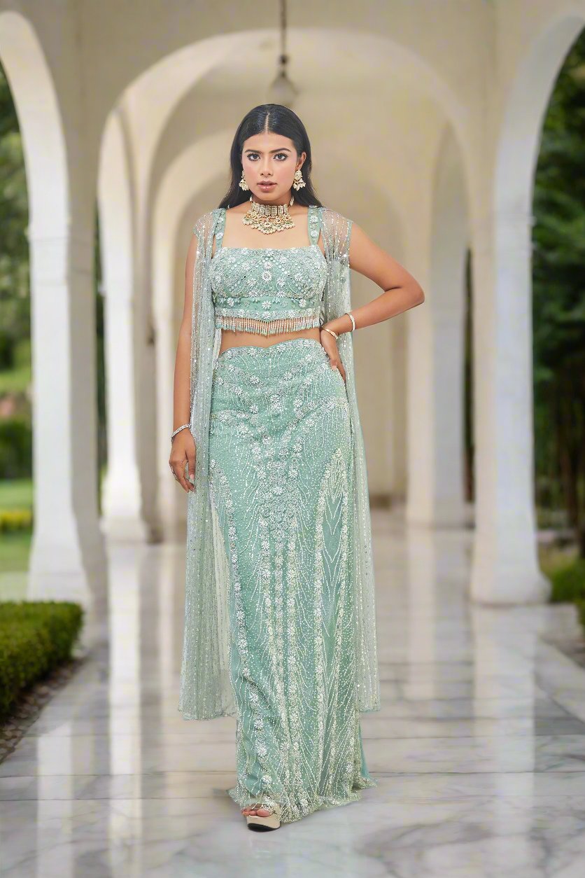 Pearls & Crystal Embroidered Straight Skirt Lehenga with Cape