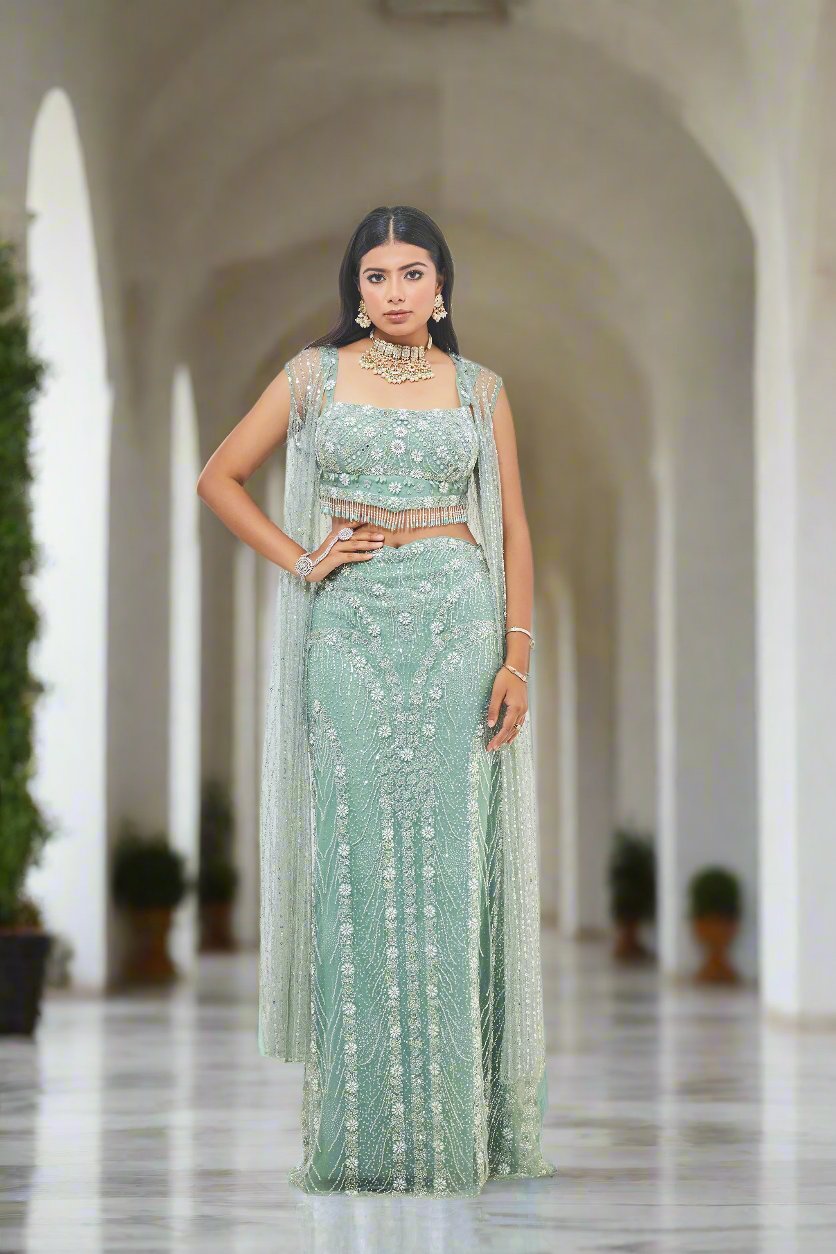 Pearls & Crystal Embroidered Straight Skirt Lehenga with Cape