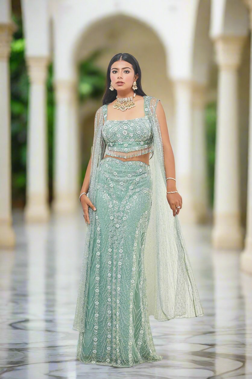 Pearls & Crystal Embroidered Straight Skirt Lehenga with Cape