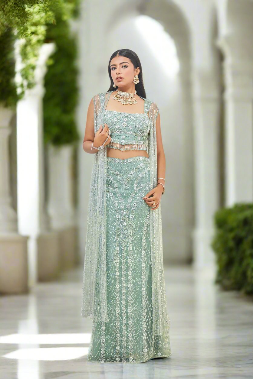 Pearls & Crystal Embroidered Straight Skirt Lehenga with Cape