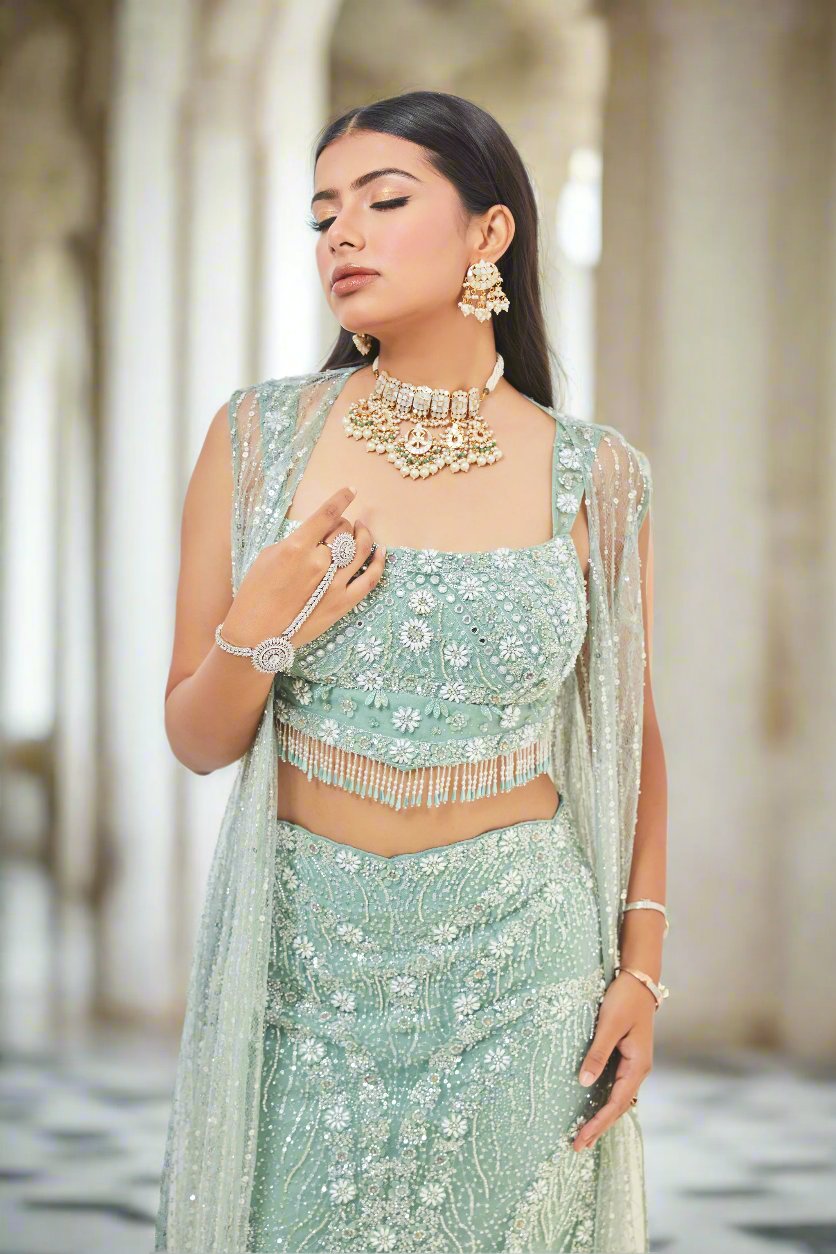 Pearls & Crystal Embroidered Straight Skirt Lehenga with Cape