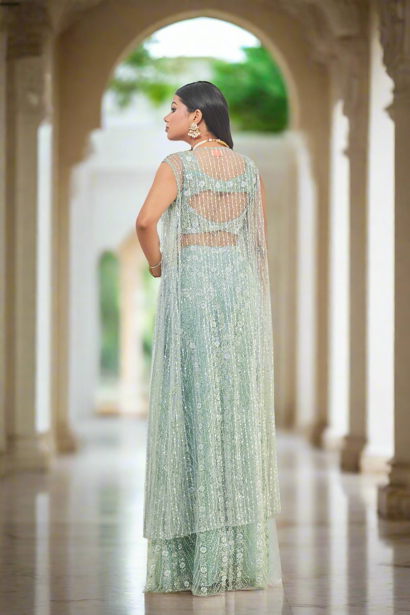 Pearls & Crystal Embroidered Straight Skirt Lehenga with Cape