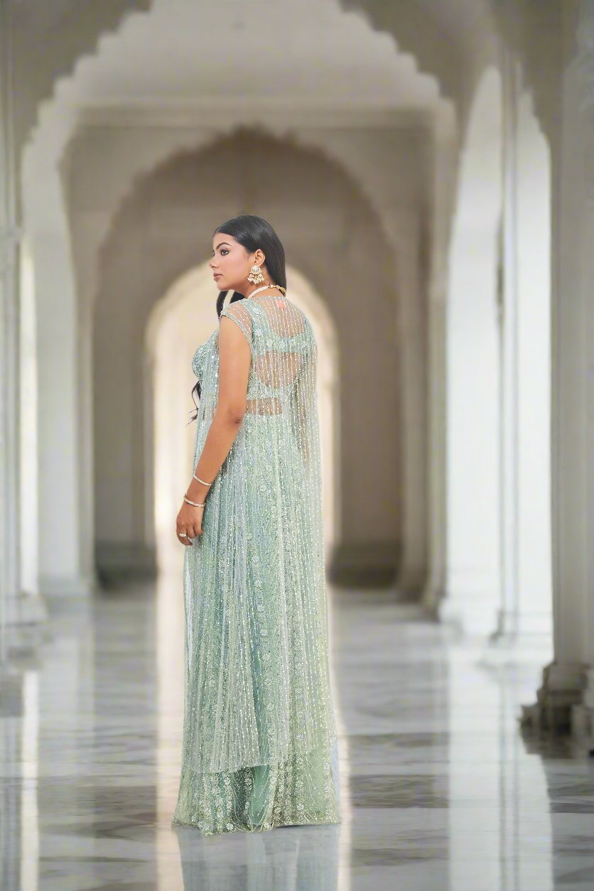 Pearls & Crystal Embroidered Straight Skirt Lehenga with Cape