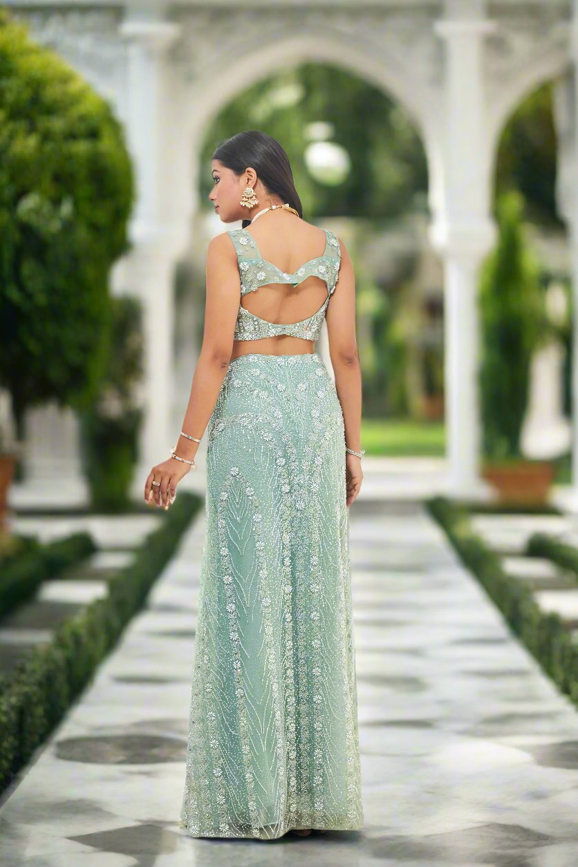 Pearls & Crystal Embroidered Straight Skirt Lehenga with Cape