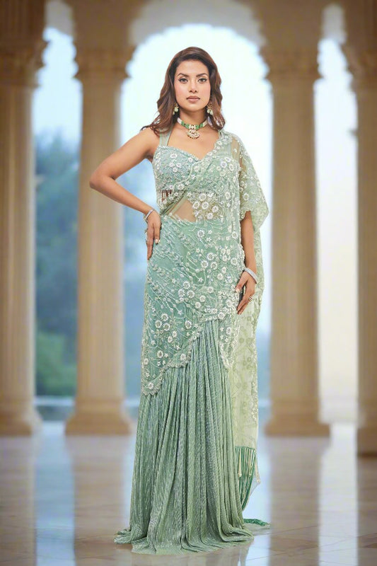 Mermaid Pre-Draped Pearls Embroidered Saree