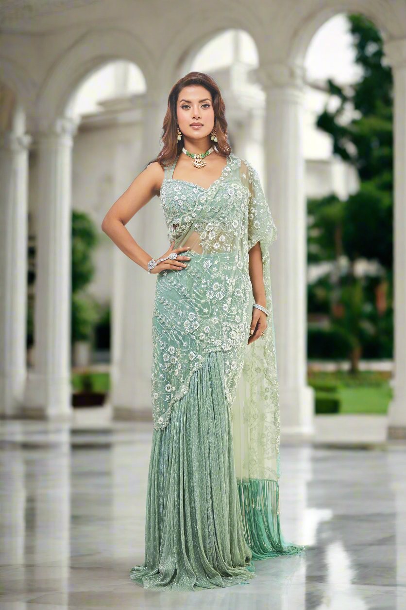 Mermaid Pre-Draped Pearls Embroidered Saree