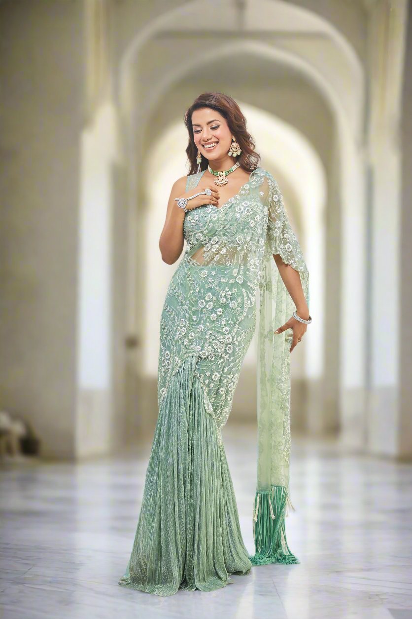 Mermaid Pre-Draped Pearls Embroidered Saree