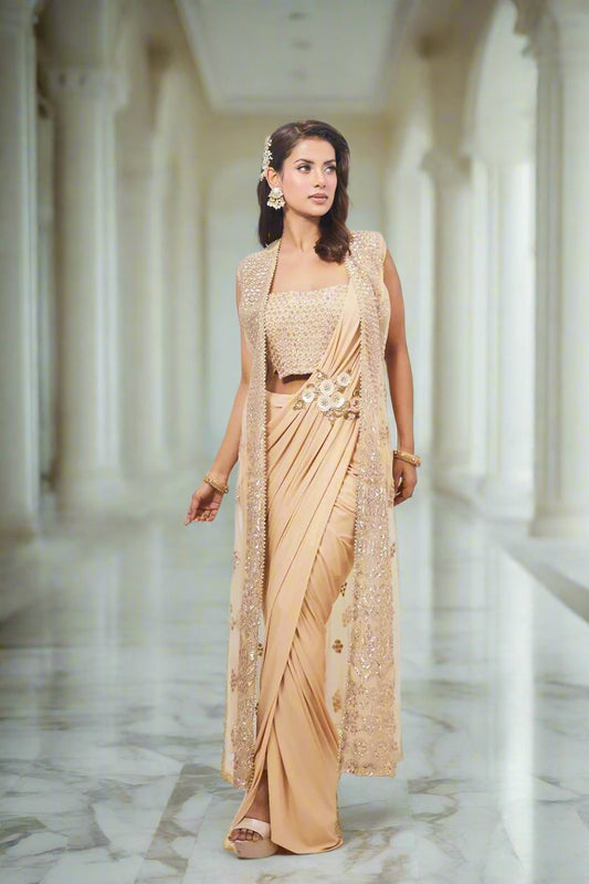 Metallic Drape Saree With Sequin Embroidered Cape