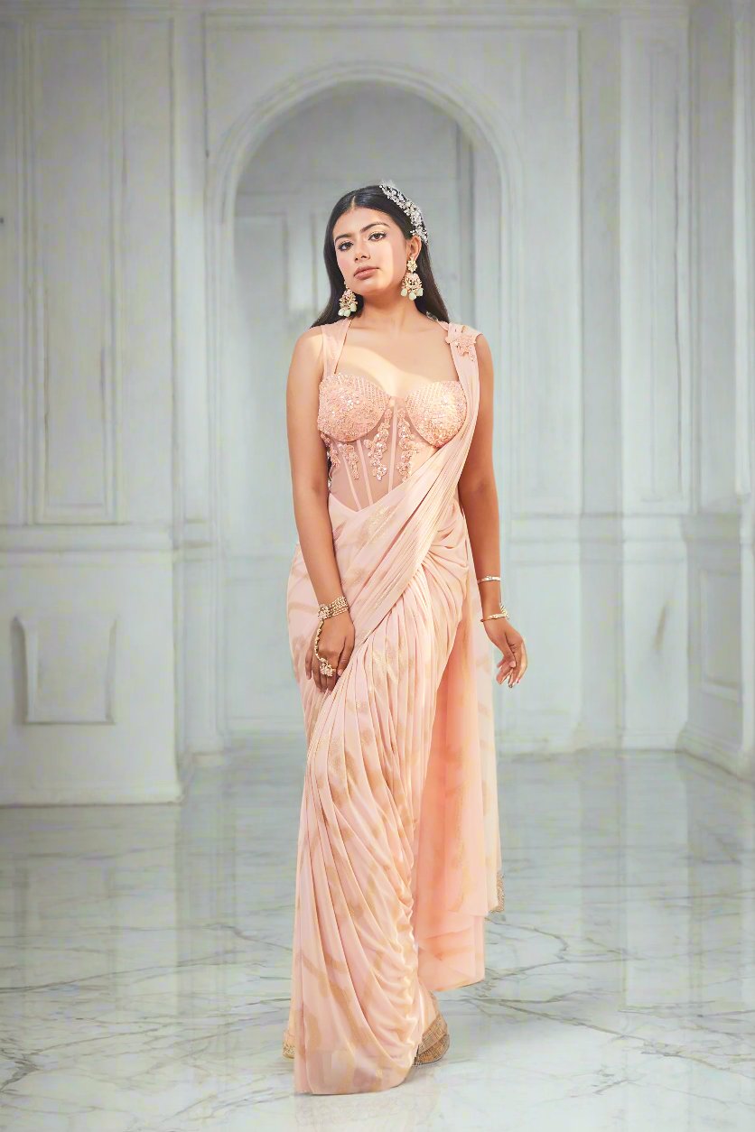 Corset Pre-Draped Gold Sheen Saree Gown