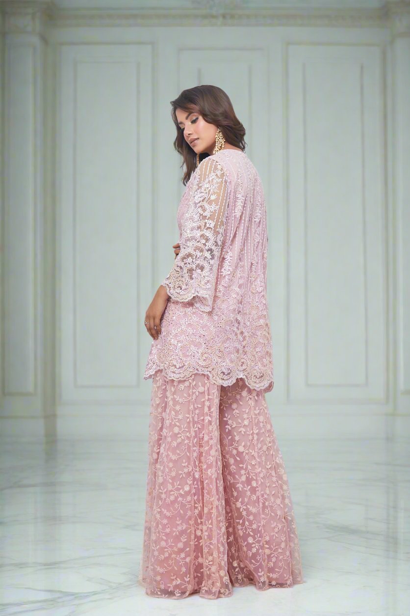 Embroidered Lace Jacket with Thread-Work Sharara