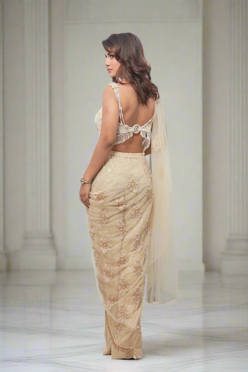 Pant-Saree with Pearl & Crystal Embroidery