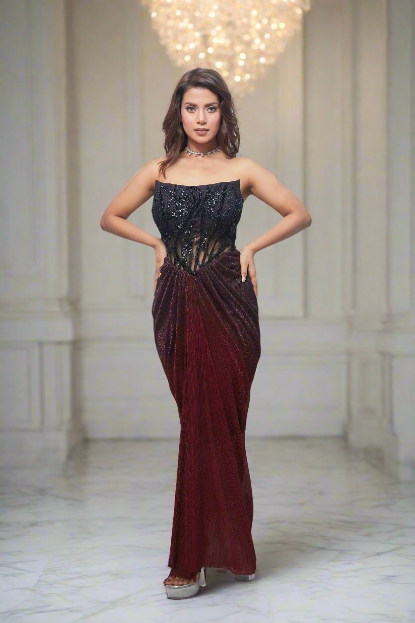 Corset Gown with Metallic Drape