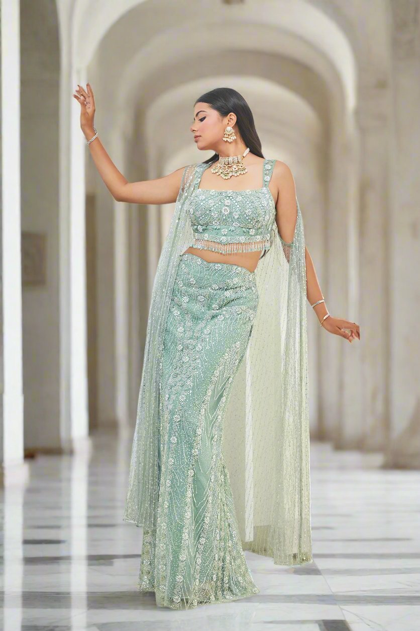 Pearls & Crystal Embroidered Straight Skirt Lehenga with Cape