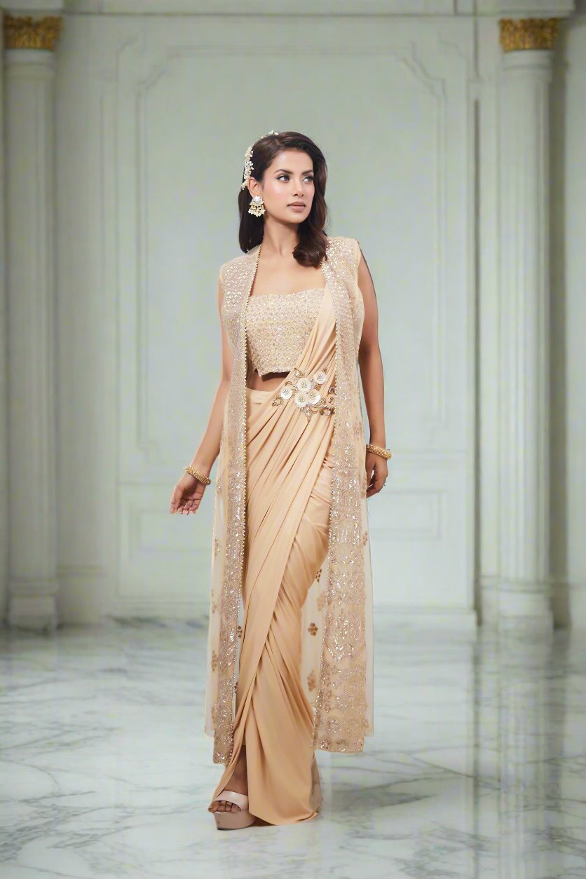 Metallic Drape Saree With Sequin Embroidered Cape