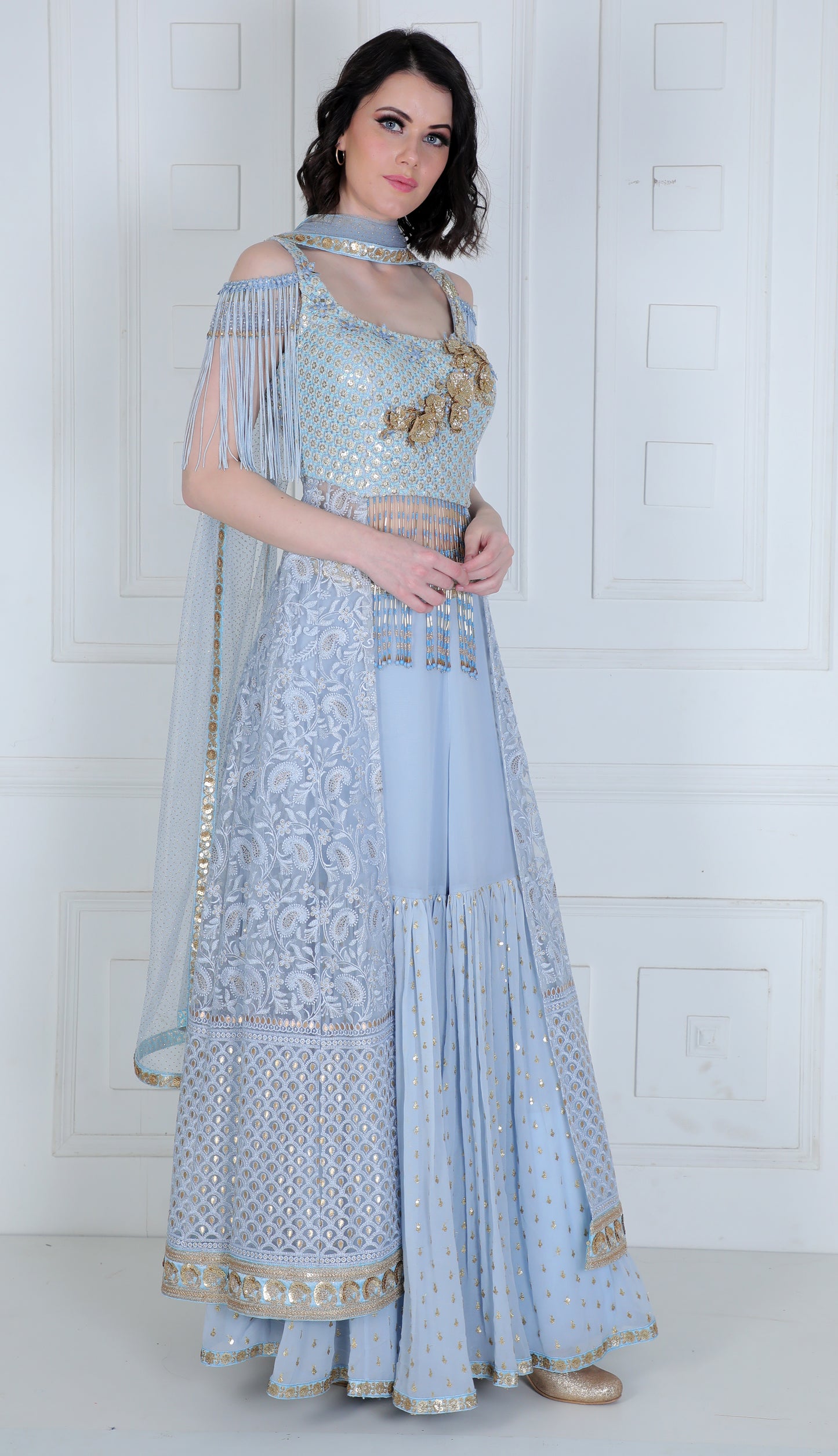 Back Trail Chikankari embroidered Choli with Tiered Lehenga - Saaj By Ankita