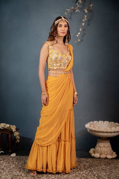 Mustard Pre-Draped Sharara Saree – Basanti Kapde aur Koffee